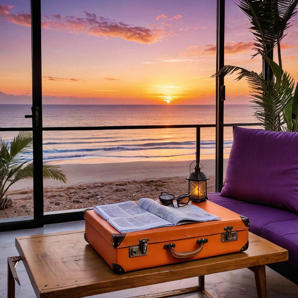 A cozy holiday apartment with a welcoming, open terrace overlooking a beautiful beach. Include a suitcase and travel insurance documents on a coffee table, reflecting preparation for a safe trip. In the background, show a vibrant sunset sky, evoking the feeling of adventure and security. Integrate elements like a world map and a travel guide, symbolizing exploration and peace of mind. super-realistic. vibrant colors. warm ambiance.